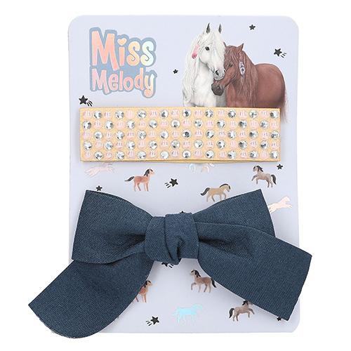 Miss Melody hair clip set, 2 pcs blue bow, rhinestones