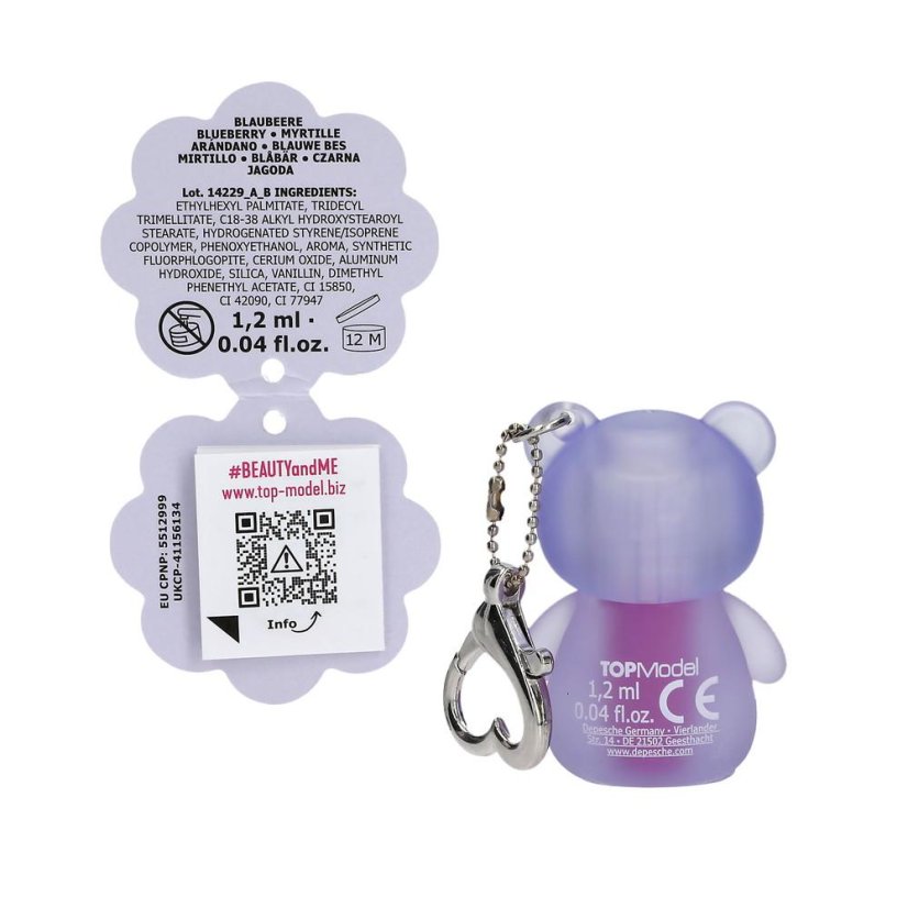 Lip gloss with a Top Model teddy bear charm, blueberry scent