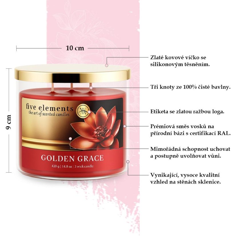Świeca zapachowa Five Elements Golden Grace, 420 g, 3 knoty