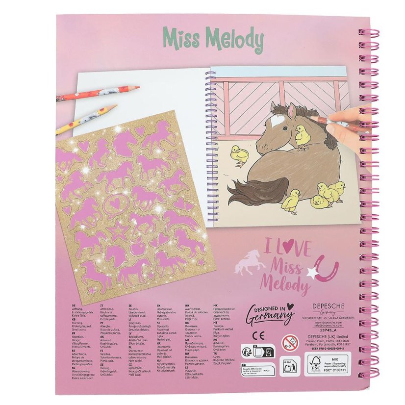 Spiral coloring book with Miss Melody sequin patch