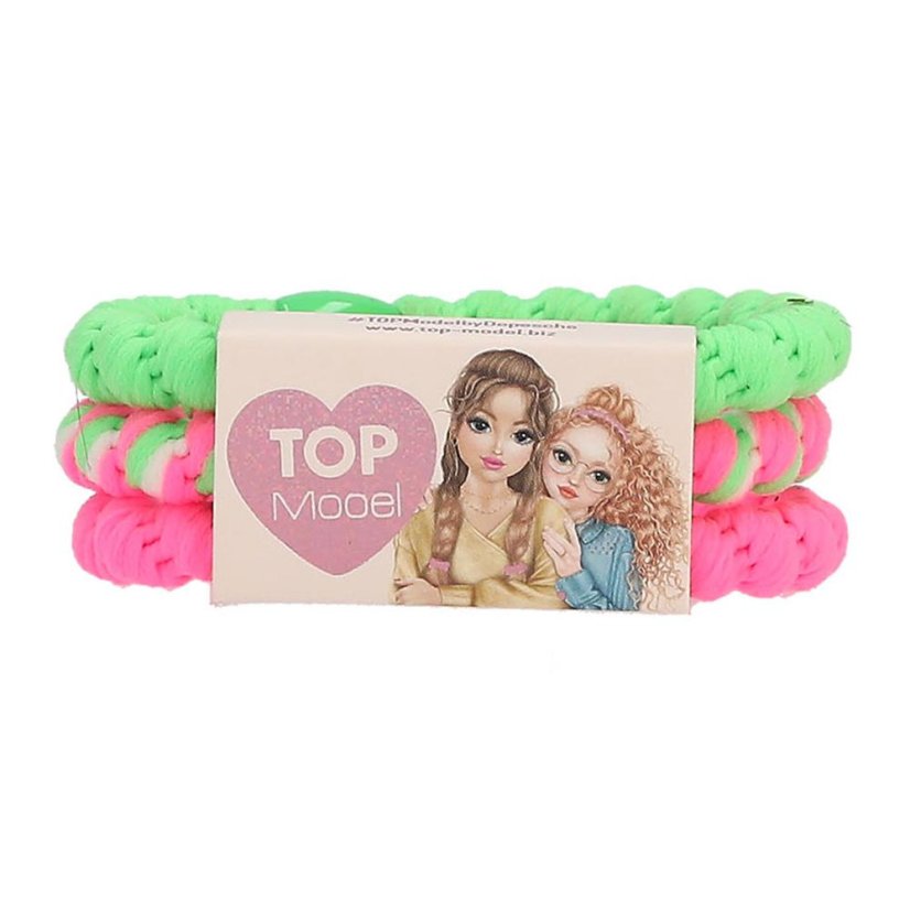 Set of 3 Top Model hair ties, neon green and pink shades