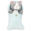 Top Model gray plush cat in a green sleeping bag