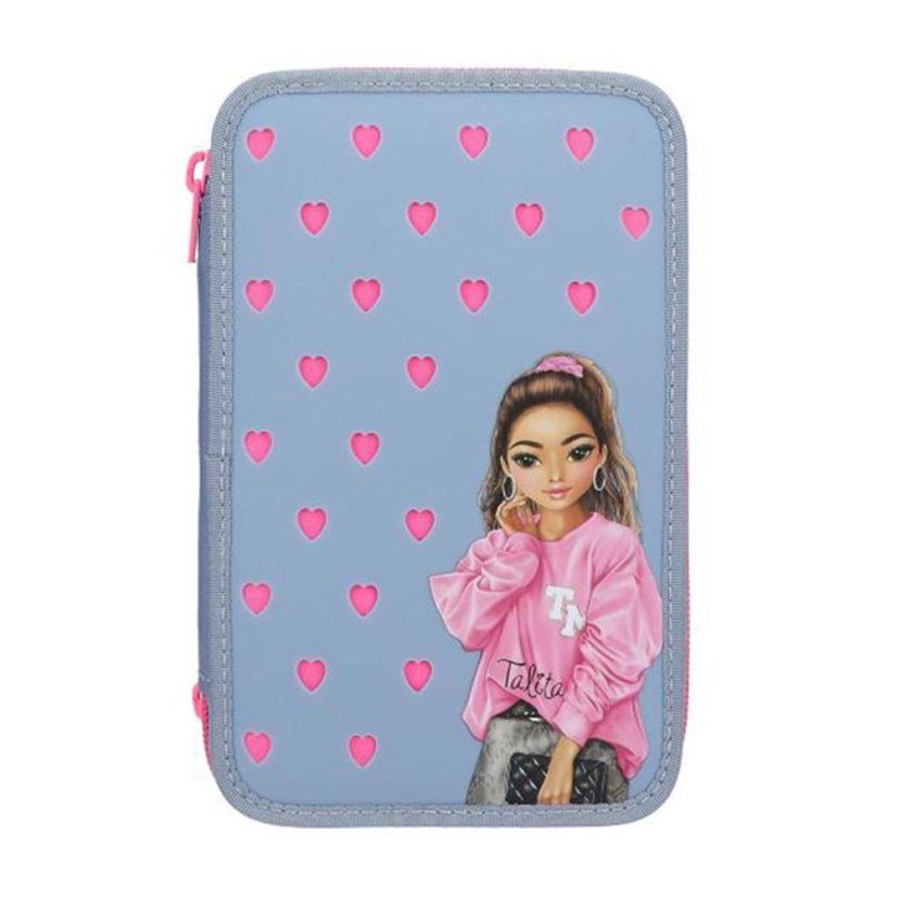 Three-tier pencil case with accessories and Top Model Talita badges