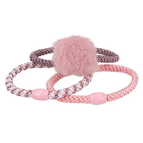 Top Model Set of 3 Elastic Hair Ties, Pink Pom-Pom