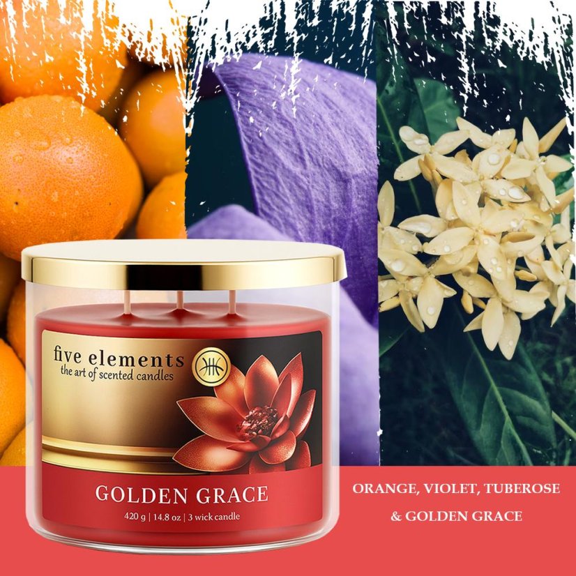 Świeca zapachowa Five Elements Golden Grace, 420 g, 3 knoty