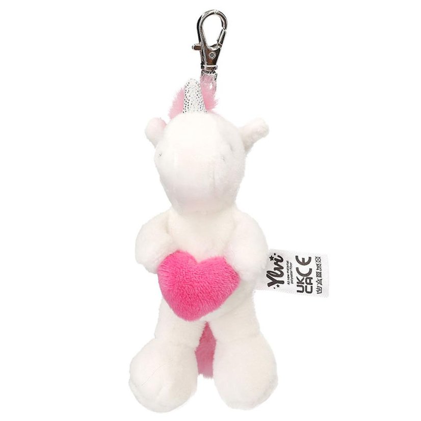 Plush unicorn keychain with Ylvi carabiner, pink heart