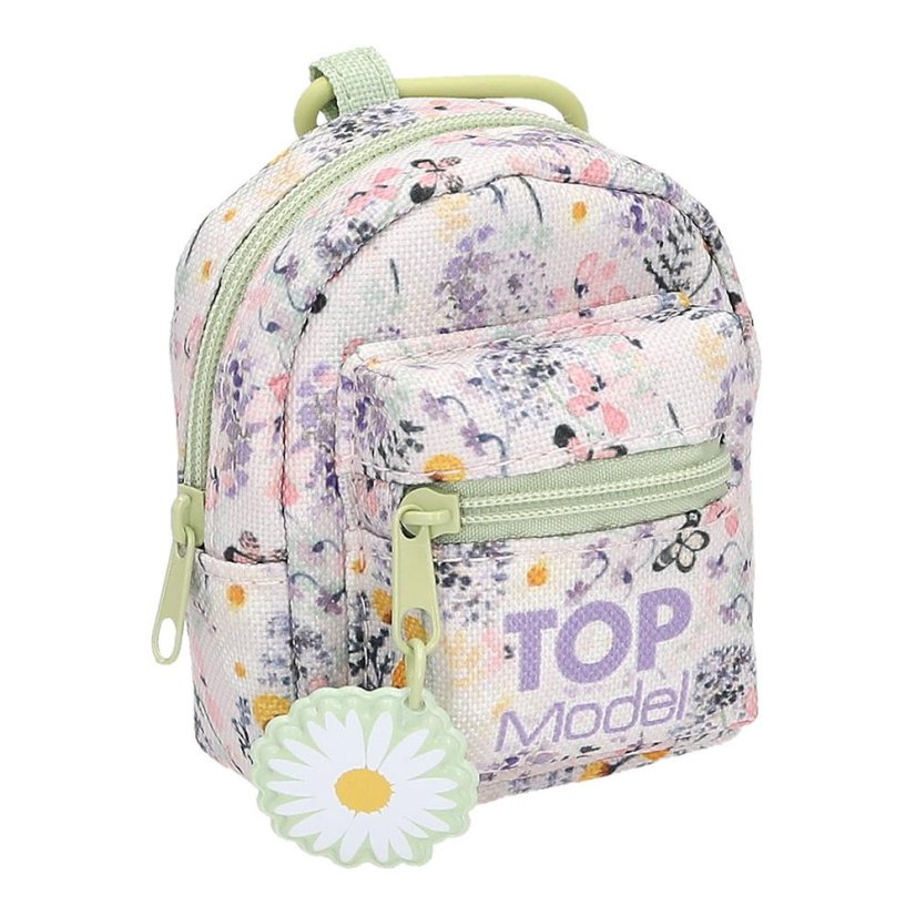 Anhänger Mini-Rucksack mit Karabinerhaken Top Model, Gänseblümchen-Verzierung, grüner Reißverschluss