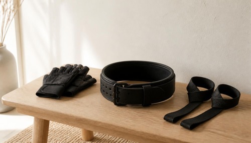 Fitnesshandschuhe, Gürtel und Reißverschlüsse