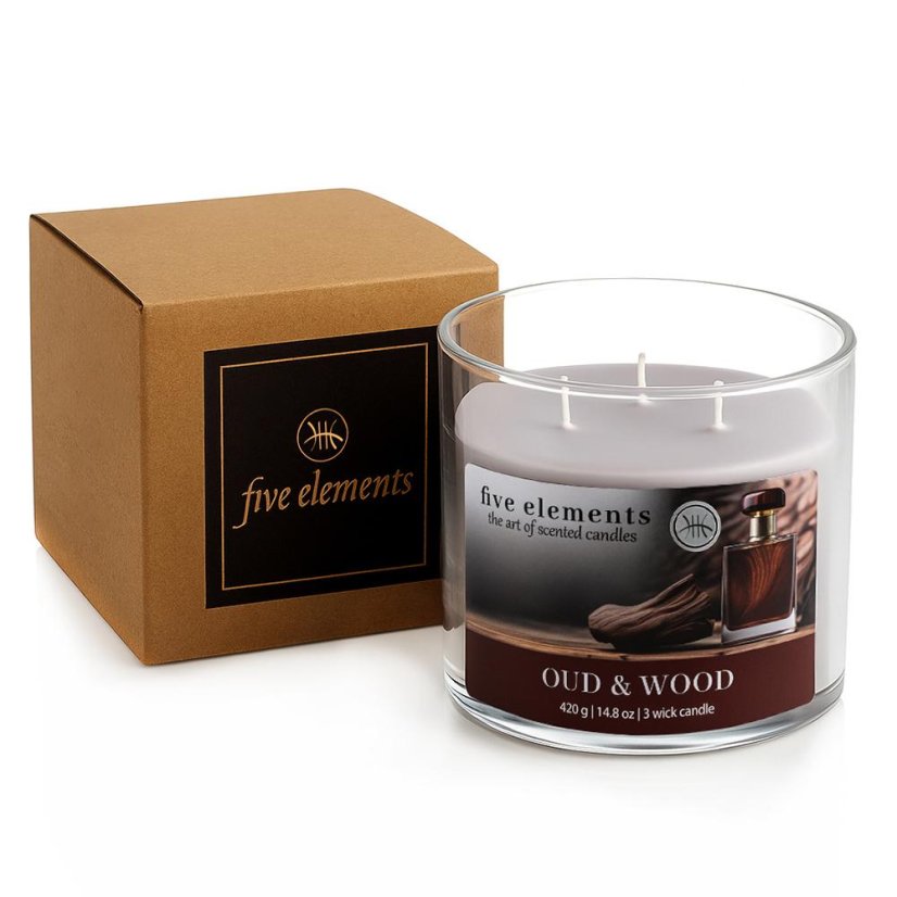 Świeca zapachowa Five Elements Oud & Wood, 420 g, 3 knoty