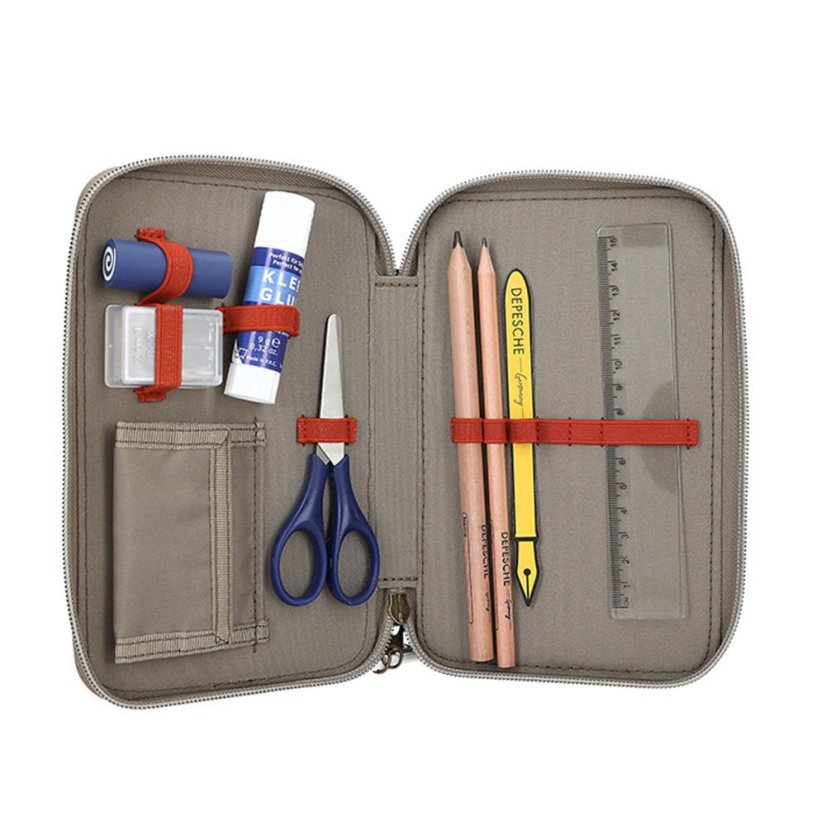Three-tier pencil case with Dino World and New World accessories