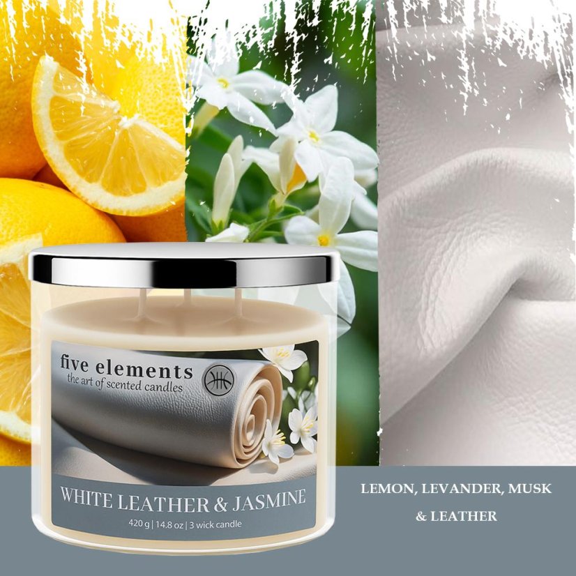 Świeca zapachowa Five Elements White Leather & Jasmine, 420 g, 3 knoty
