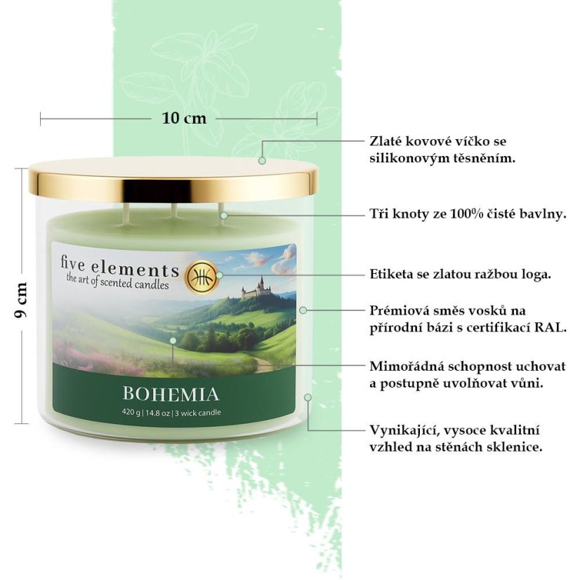 Świeca zapachowa Five Elements Bohemia, 420 g, 3 knoty