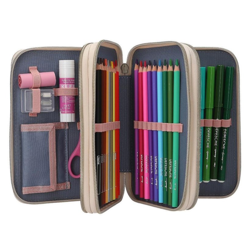Three-tier pencil case with Miss Melody Poppy Sand accessories