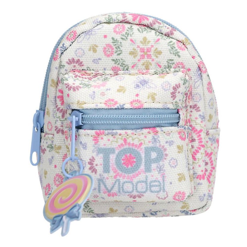 Mini batůžek s karabinkou a doplňky Top Model – květiny, modrý zip