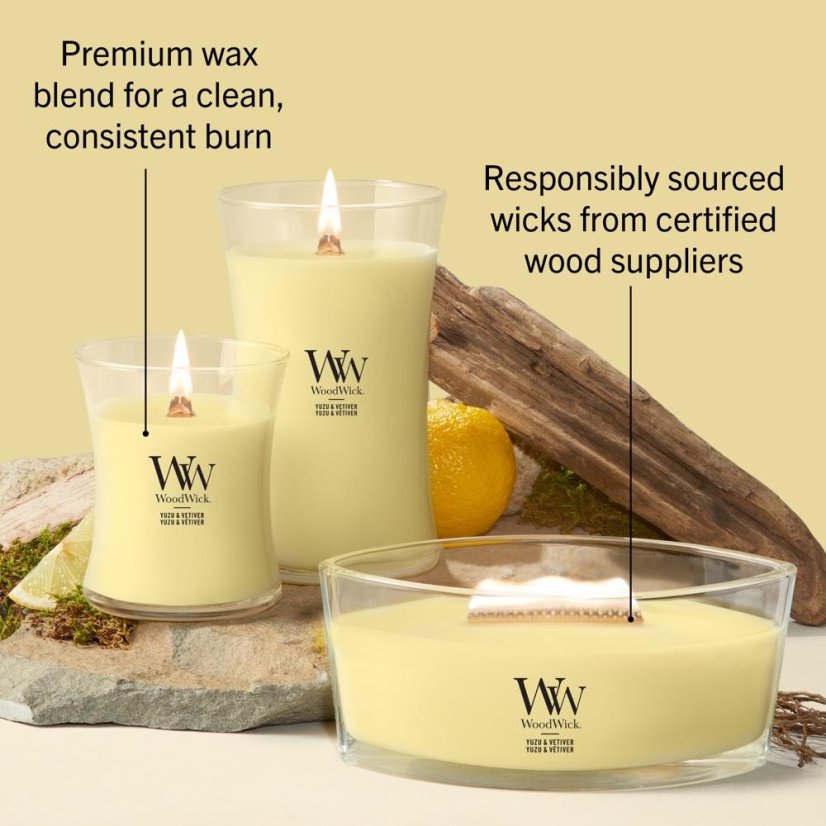 WoodWick közepes méretű gyertya, Yuzu & Vetiver