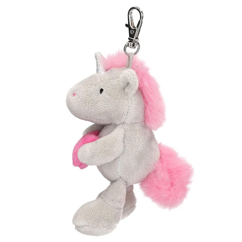 Plush unicorn keychain with carabiner Ylvi, gray with pink heart