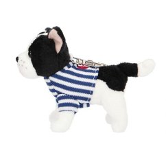 Plush black and white dog keychain Top Model, striped T-shirt