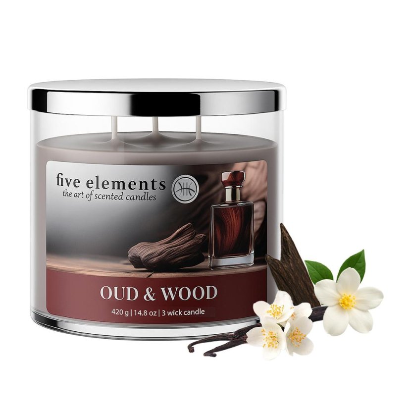Świeca zapachowa Five Elements Oud & Wood, 420 g, 3 knoty