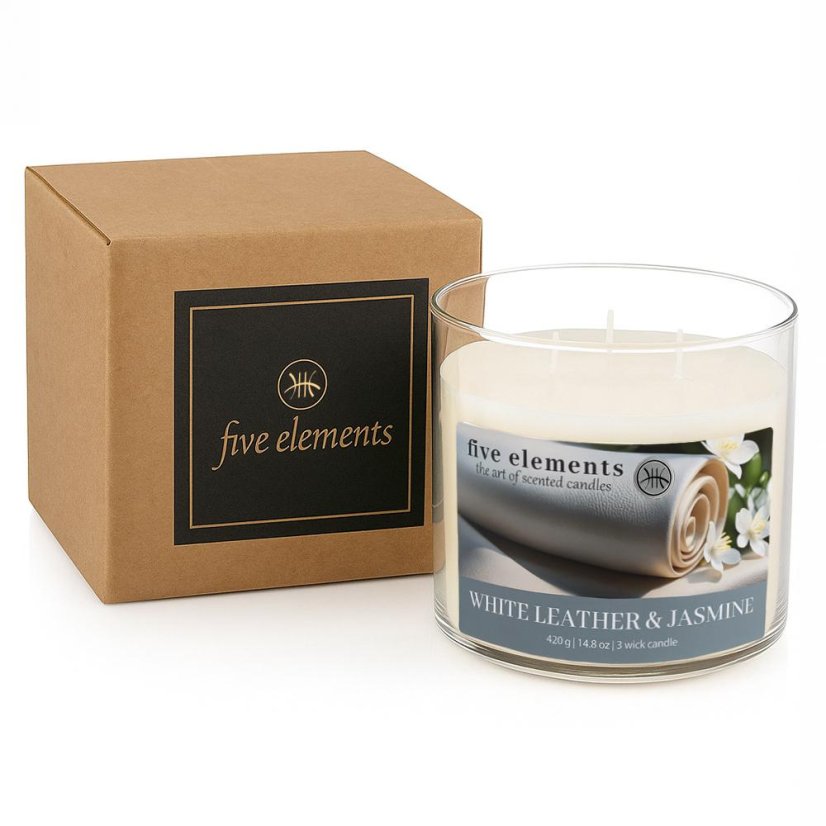 Świeca zapachowa Five Elements White Leather & Jasmine, 420 g, 3 knoty