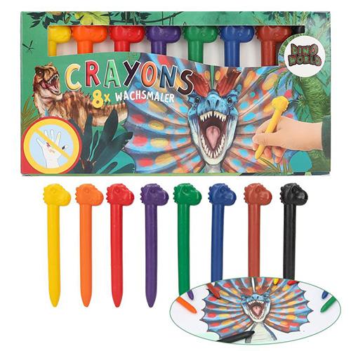 Set of crayons in a pencil case decorated with a Dino World head