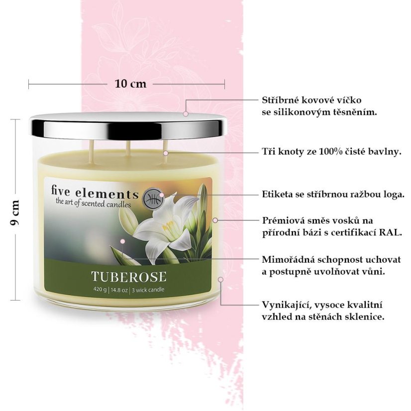 Duftkerze Five Elements Tuberose, 420 g, 3 Dochte