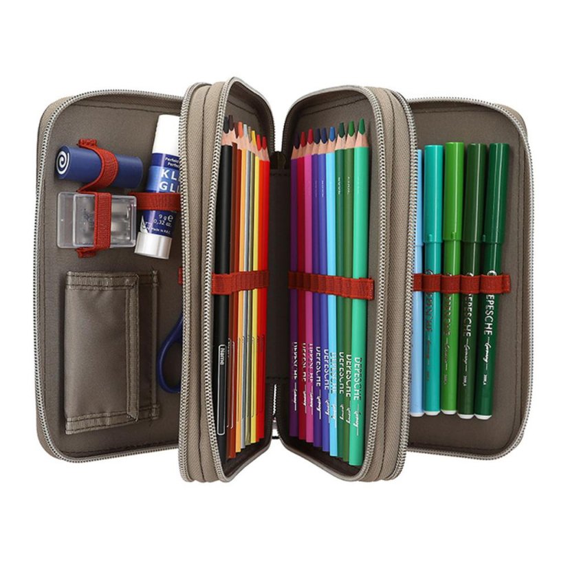 Three-tier pencil case with Dino World and New World accessories