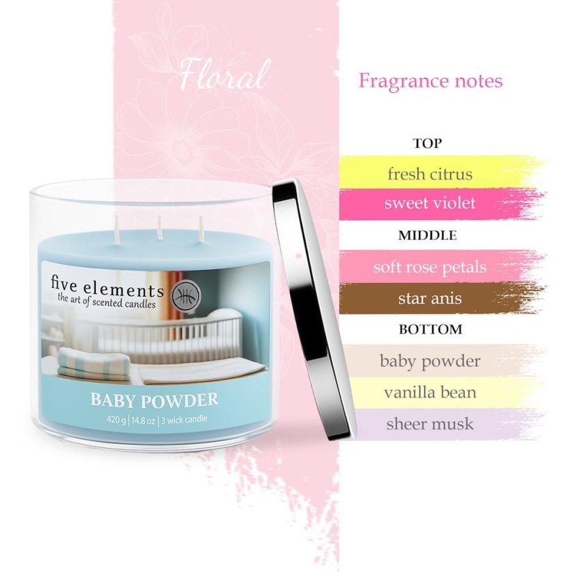 Świeca zapachowa Five Elements Baby Powder, 420 g, 3 knoty