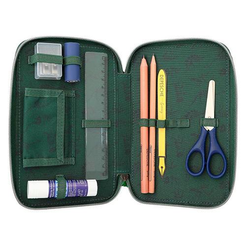 Three-tier pencil case with Dino World T-Rex accessories and chain