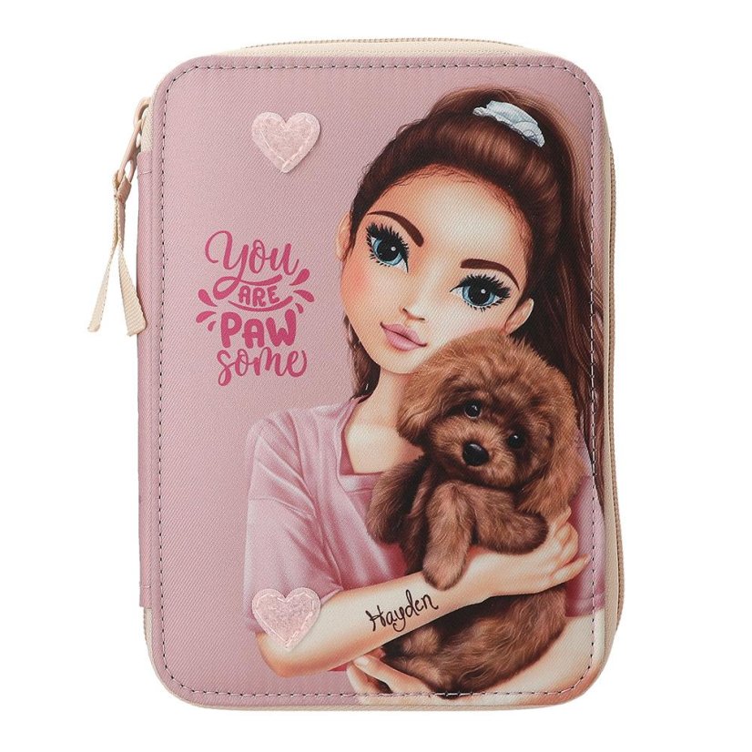 Single-layer pencil case with accessories and Kitty & Doggy pocket