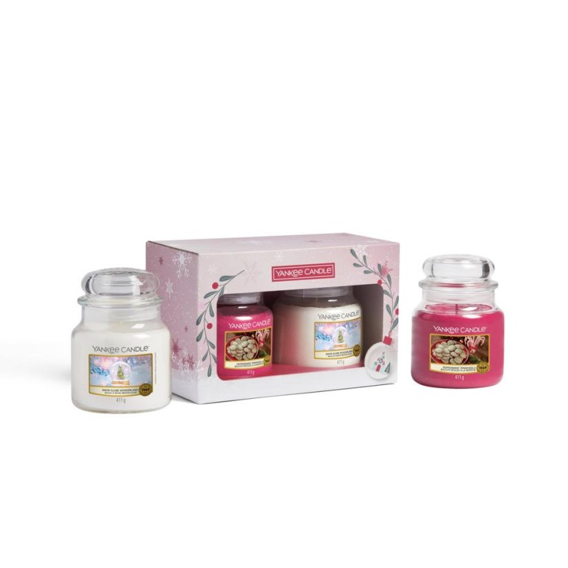 Zestaw upominkowy świec Yankee candle średnich, Peppermint Pinwheels & Snow Globe Wonderland