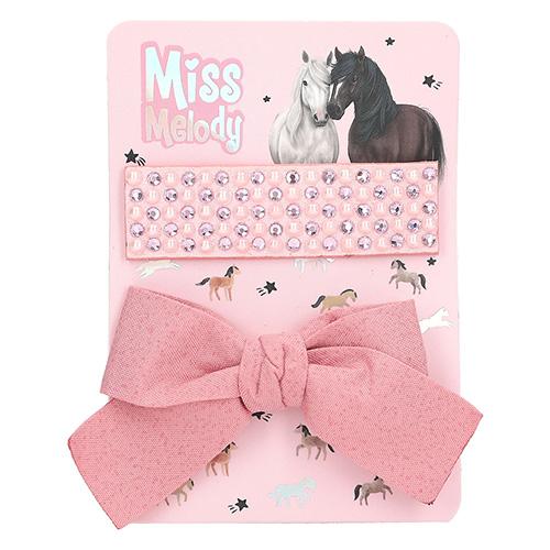 Miss Melody hair clip set, 2 pcs pink bow, rhinestones
