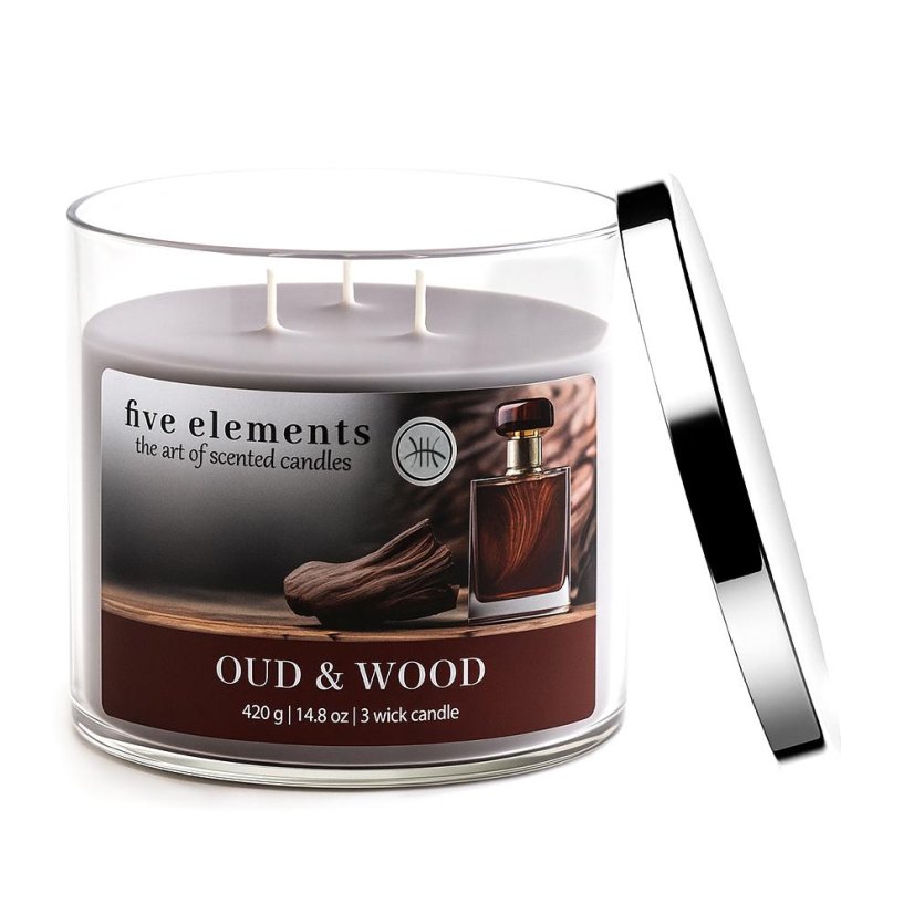 Świeca zapachowa Five Elements Oud & Wood, 420 g, 3 knoty