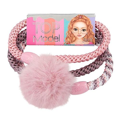 Top Model Set of 3 Elastic Hair Ties, Pink Pom-Pom