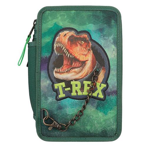 Three-tier pencil case with Dino World T-Rex accessories and chain