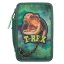 Three-tier pencil case with Dino World T-Rex accessories and chain