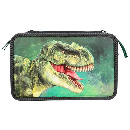 Trzypiętrowy piórnik z wyposażeniem Dino World T-Rex zielony