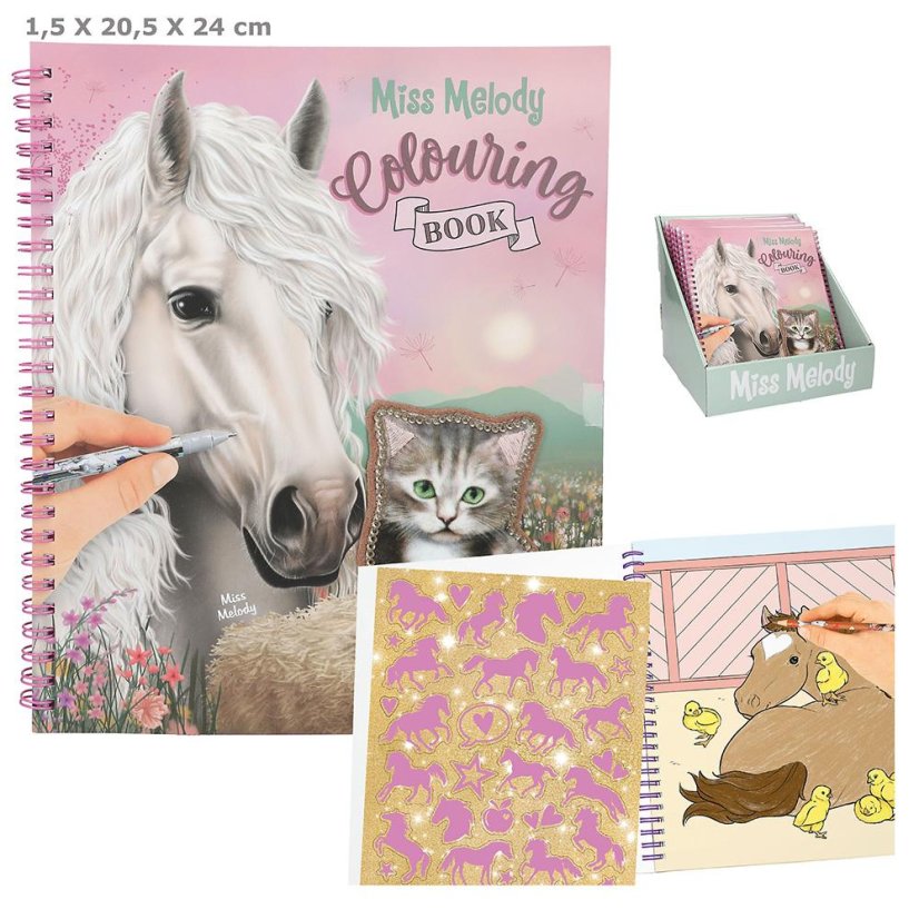 Spiral coloring book with Miss Melody sequin patch