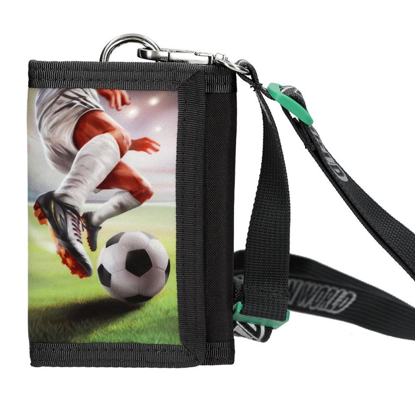 Action World fabric wallet with a neck strap, soccer theme