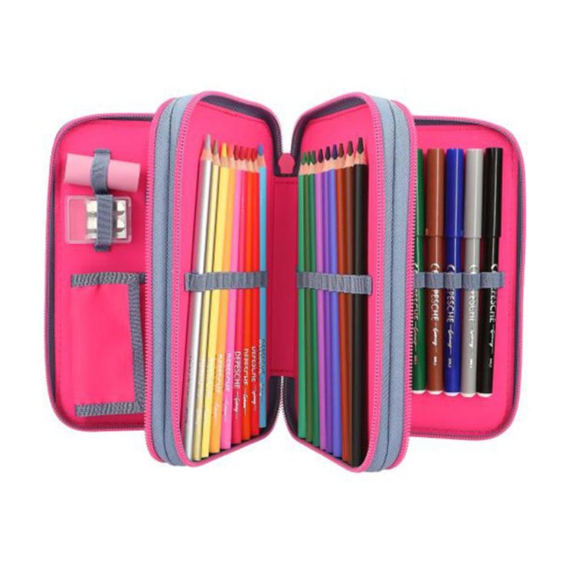 Three-tier pencil case with accessories and Top Model Talita badges