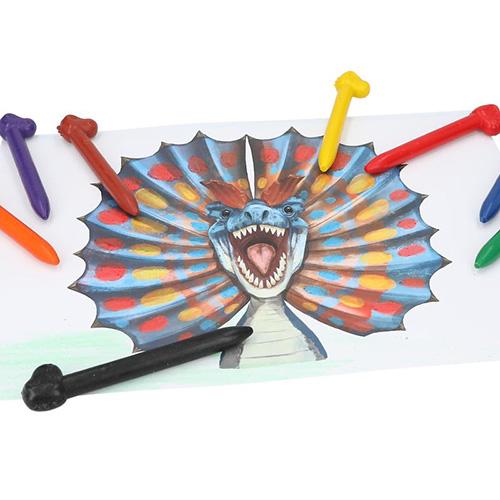 Set of crayons in a pencil case decorated with a Dino World head