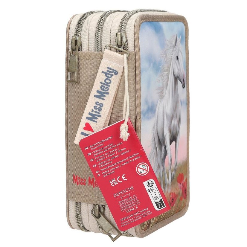 Three-tier pencil case with Miss Melody Poppy Sand accessories