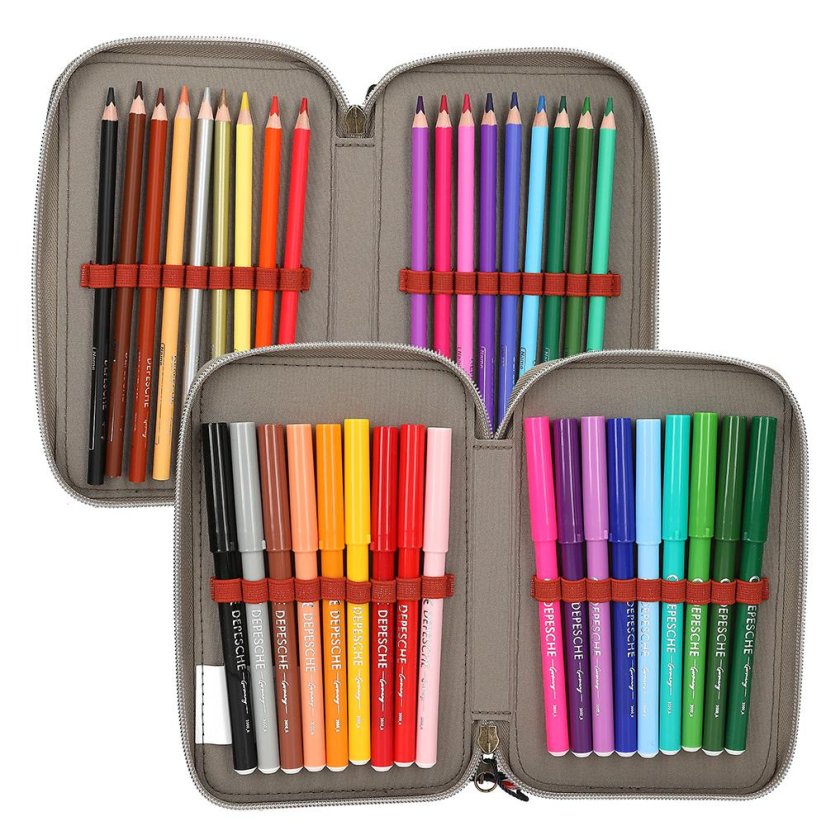 Three-tier pencil case with Dino World and New World accessories