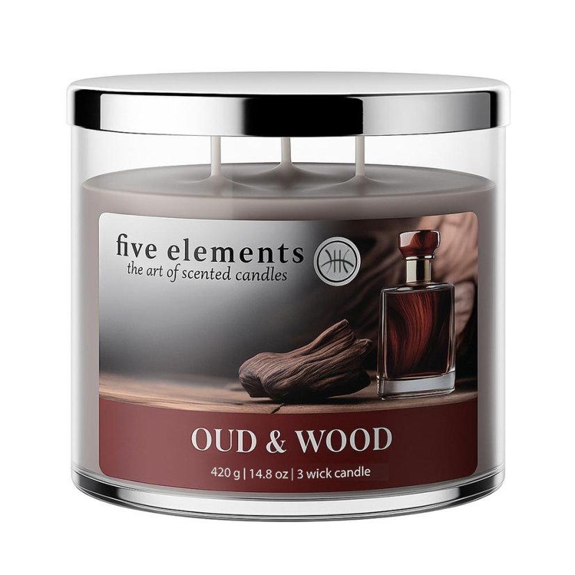 Świeca zapachowa Five Elements Oud & Wood, 420 g, 3 knoty