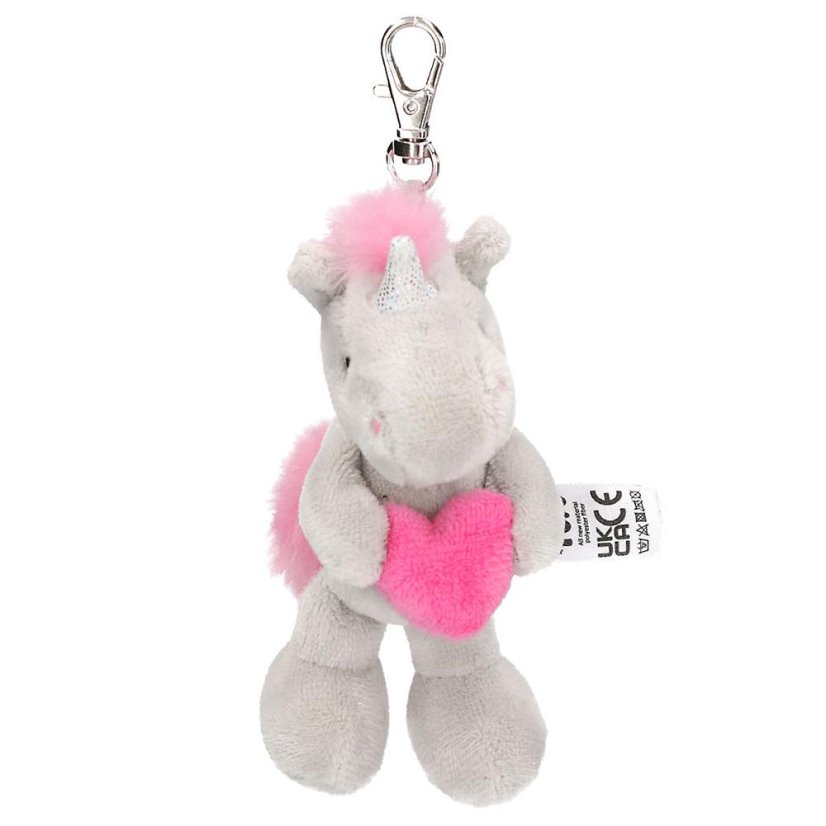 Plush unicorn keychain with carabiner Ylvi, gray with pink heart