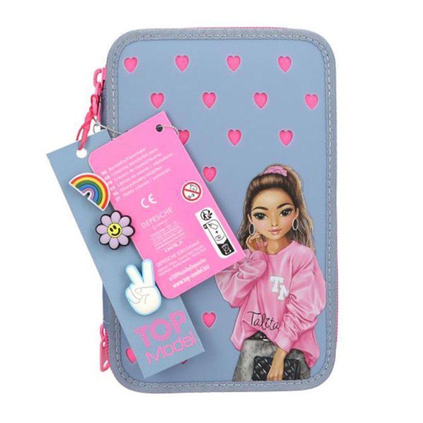 Three-tier pencil case with accessories and Top Model Talita badges