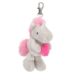 Plüsch-Anhänger Einhorn mit Karabinerhaken Ylvi, grau mit rosa Herz