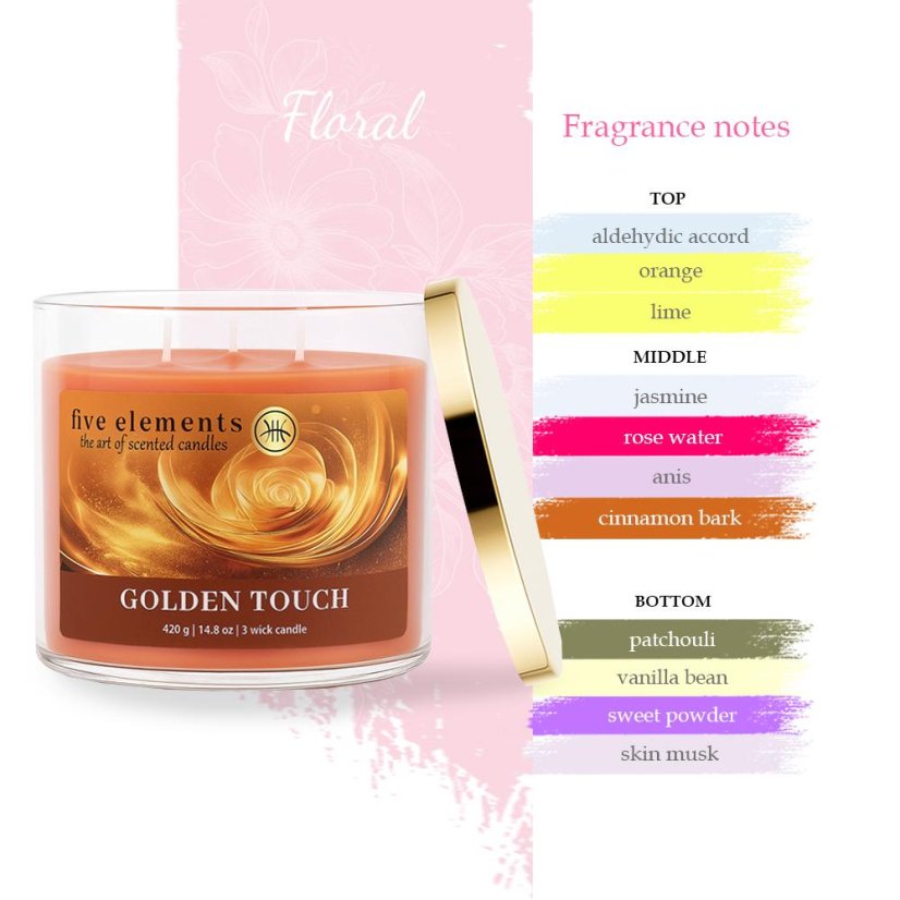 Świeca zapachowa Five Elements Golden Touch, 420 g, 3 knoty