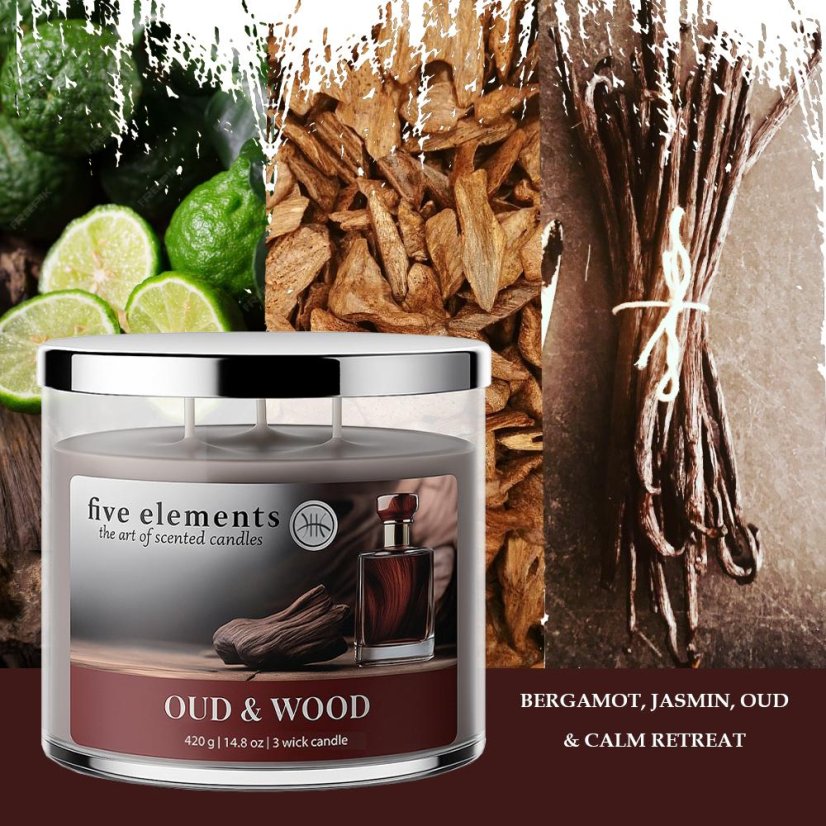 Świeca zapachowa Five Elements Oud & Wood, 420 g, 3 knoty