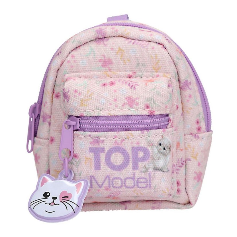 Mini batoh s karabínou a doplnkami Top Model – mačička, fialový zips