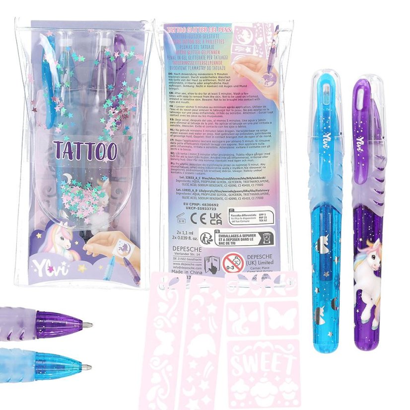 Set mit glitzernden Tattoo-Stiften mit Schablonen von Ylvi